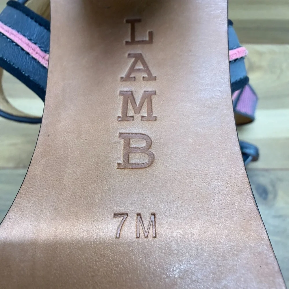 LAMB L.A.M.B. Carter Heels‎ Womens 7 M Neon Pink Blue Leather Ankle Strap